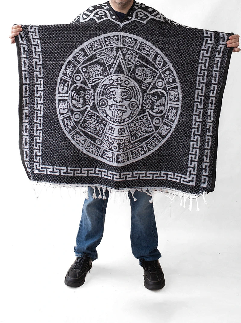Mexican Poncho For Men - Aztek Calendar - BLACK 3 Mexican Poncho For Men - Aztek Calendar - BLACK - Image 3