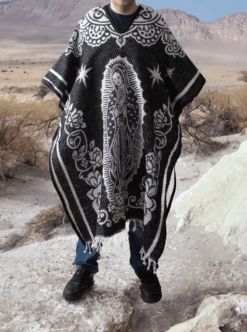 Mexican Serape Poncho For Men - San Judas - BLACK