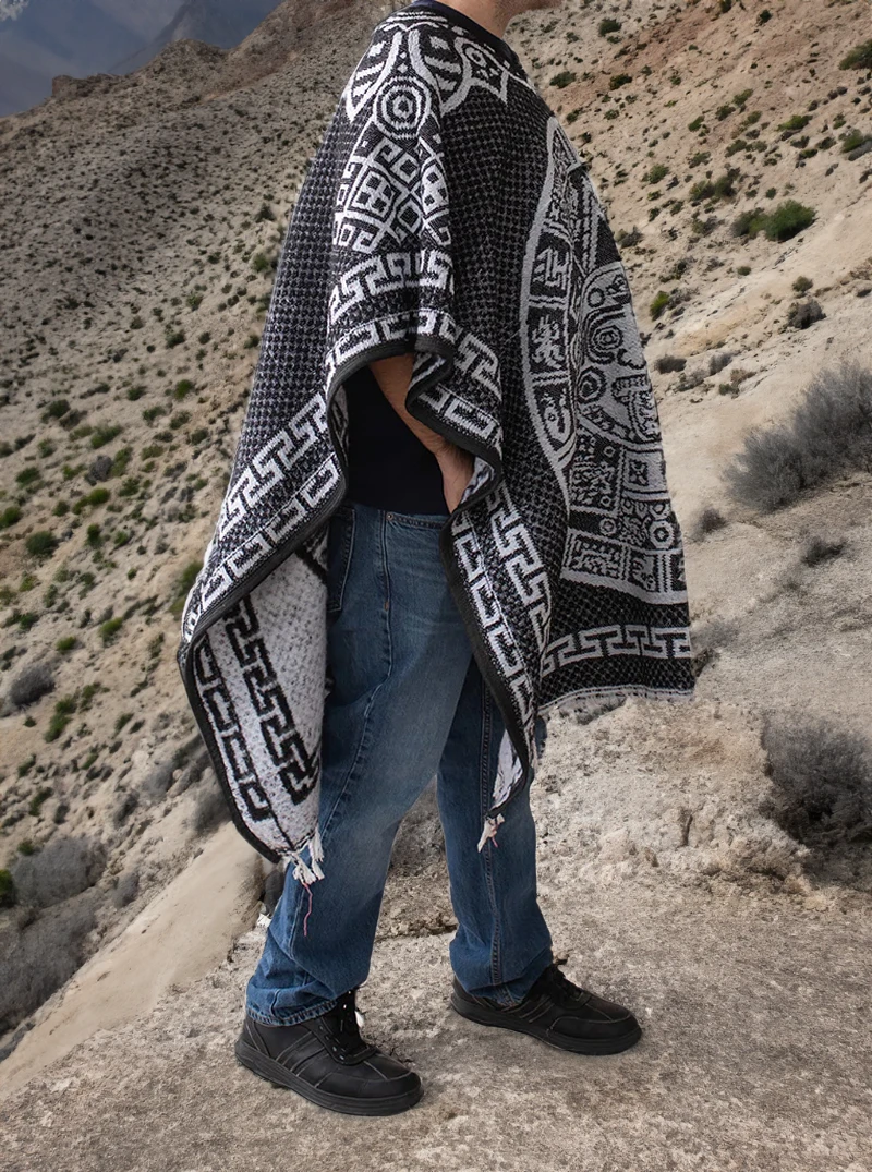 Mexican Poncho For Men - Aztek Calendar - BLACK 2 Mexican Poncho For Men - Aztek Calendar - BLACK - Image 2