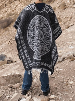 Mexican Poncho For Men - Aztek Calendar - BLACK