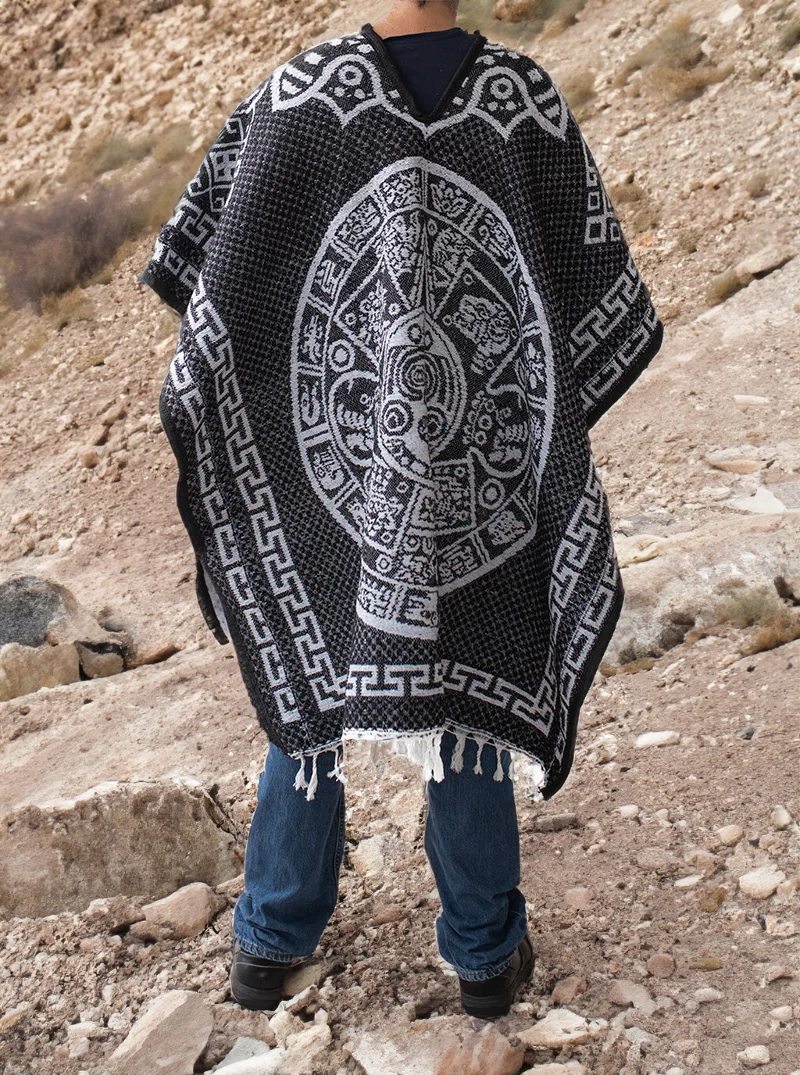 Mexican Poncho For Men - Aztek Calendar - BLACK 1 Mexican Poncho For Men - Aztek Calendar - BLACK