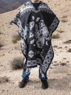 Mexican Alpaca Poncho For Men - Roosters Facing - BLACK