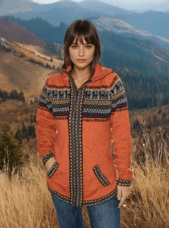 Orange Full Zip Alpaca Hoodie For Women