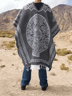 Mexican Poncho For Men - Aztek Calendar - GREY