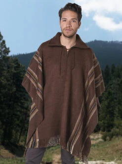 V-Neck Brown Alpaca Poncho For Men