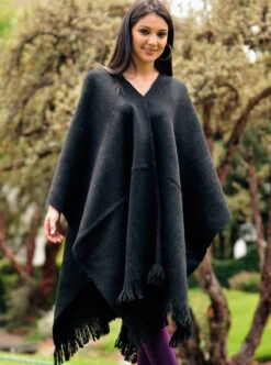 Black Alpaca Ruana Open Poncho For Women