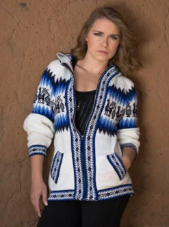 Fair Isle Alpaca Hoodie For Women | White Full Zip Sweater