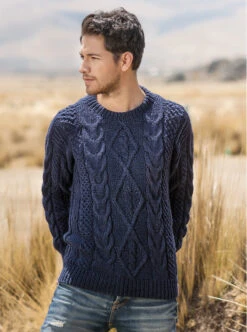 Blue Hand Knitted Alpaca Sweater For Men