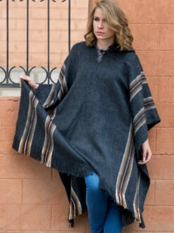 Hooded Gray Alpaca Poncho For Women