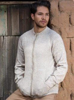 Beige Turtleneck Alpaca Cardigan For Men