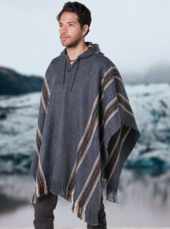 Gray Hooded Poncho For Men