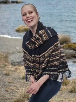 Black Alpaca Poncho With Scarf For Women