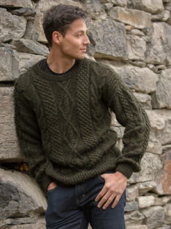 Olive Hand Knitted Alpaca Sweater For Men