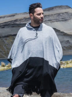 Grey And Black Hooded Poncho For Men