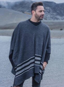 V-Neck Gray Alpaca Poncho For Men