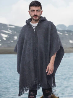 Gray Alpaca Hooded Poncho For Men