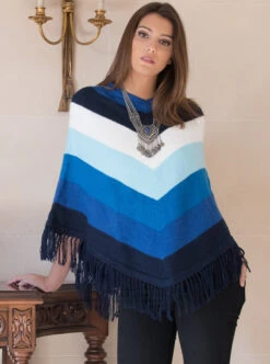 Blue Striped Alpaca Poncho For Women