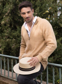 Beige Alpaca Full Zip Turtleneck Sweater For Men