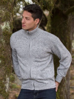 Gray Alpaca Full Zip Turtleneck Sweater For Men