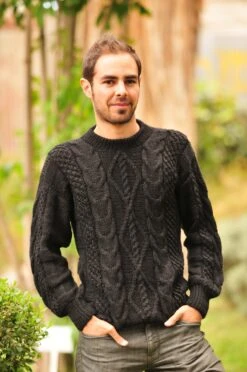 Hand Knitted Black Alpaca Sweater For Men -Gamboa Fashion ALRBB805