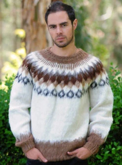 Brown And White Alpaca Round Neck Sweater