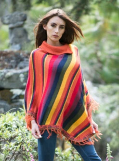 Multicolor Striped Alpaca Poncho For Women