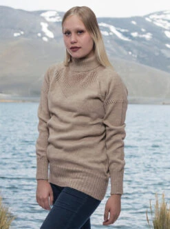 Beige Alpaca Turtleneck Sweater For Women